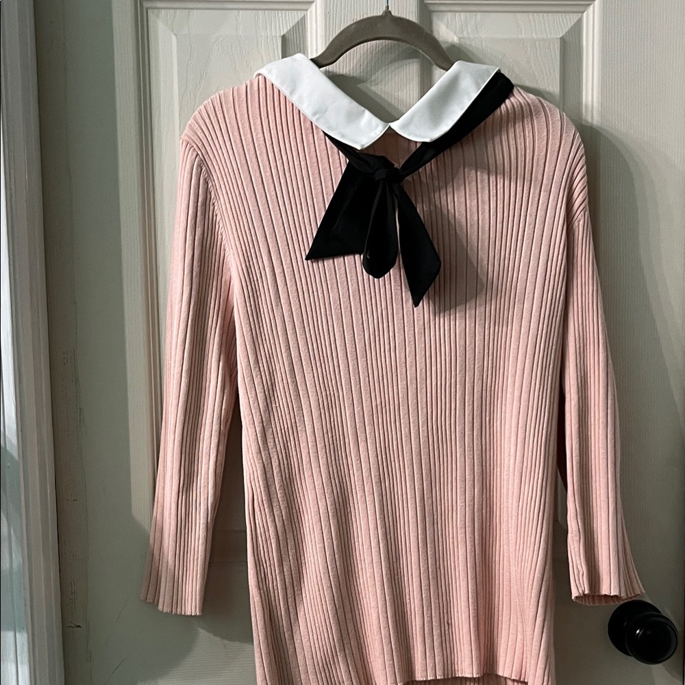 Karl Lagerfeld Pink Ribbed Blouse with Black Bow